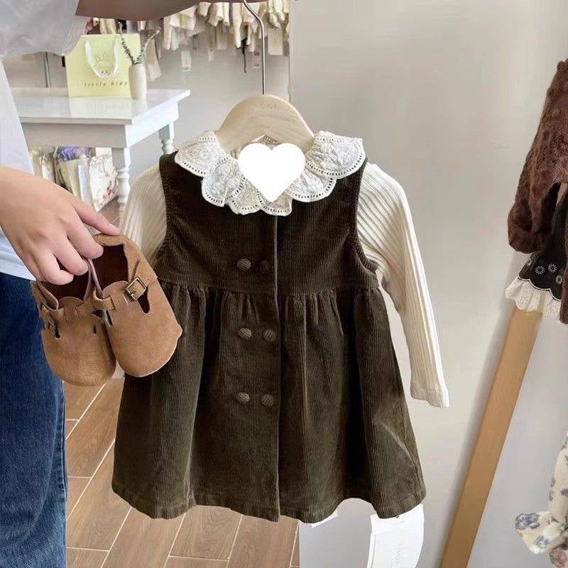 Детска рокля за момичета от Corduroy, без ръкави, с двойно копче отпред, А‑линия силует, памук 81–90%