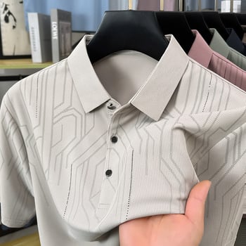 Muška kratka majica s ovratnikom reverom, geometrijski print, mješavina poliestera, prilagodljiv kroj
