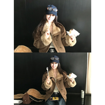 Ženska velur jakna s integriranom ekološkom krznom, Vintage London Girl stil; oblik A, debeli materijal, obična duljina, zatvarač, stil kraljice sestre