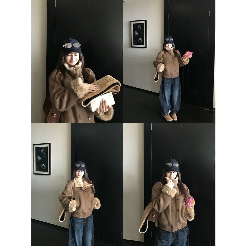 Ženska velur jakna s integriranom ekološkom krznom, Vintage London Girl stil; oblik A, debeli materijal, obična duljina, zatvarač, stil kraljice sestre