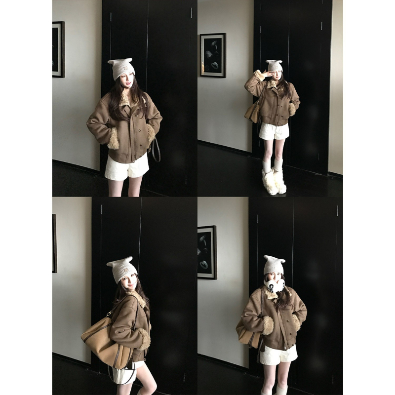 Ženska velur jakna s integriranom ekološkom krznom, Vintage London Girl stil; oblik A, debeli materijal, obična duljina, zatvarač, stil kraljice sestre