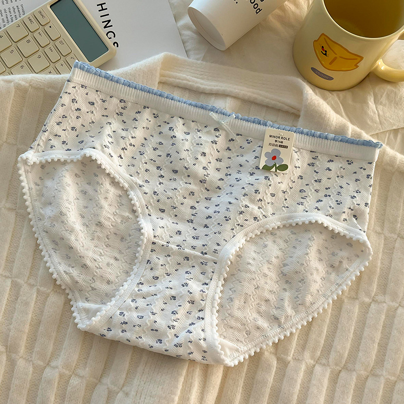 Djevojačke pamucne gaćice s jacquard cvjetnim uzorkom, prozračne i antibakterijske, niski pojas, 90–95% pamuk, 100% pamuk podstava