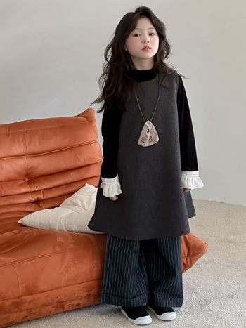 Детска безръкавна пола с презрамки в стил K, полиестрова смес (80% полиестер, 15% TR, 5% акрил); подплата 80% полиестер; за момичета над 8 години (над 140 см); пролет 2025