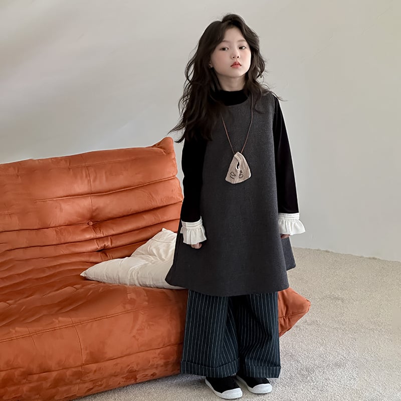 Детска безръкавна пола с презрамки в стил K, полиестрова смес (80% полиестер, 15% TR, 5% акрил); подплата 80% полиестер; за момичета над 8 години (над 140 см); пролет 2025