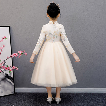 Детска рокля в китайски стил Cheongsam-inspired, дантела, дълги ръкави, едно парче с А-линия, 100% полиестер, за деца над 8 години