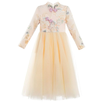 Детска рокля в китайски стил Cheongsam-inspired, дантела, дълги ръкави, едно парче с А-линия, 100% полиестер, за деца над 8 години