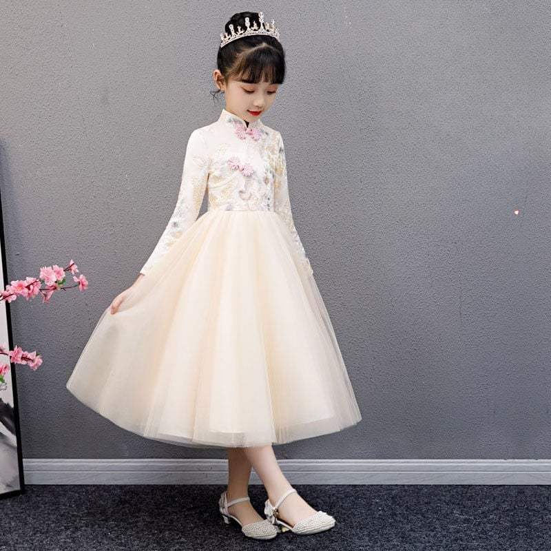 Детска рокля в китайски стил Cheongsam-inspired, дантела, дълги ръкави, едно парче с А-линия, 100% полиестер, за деца над 8 години