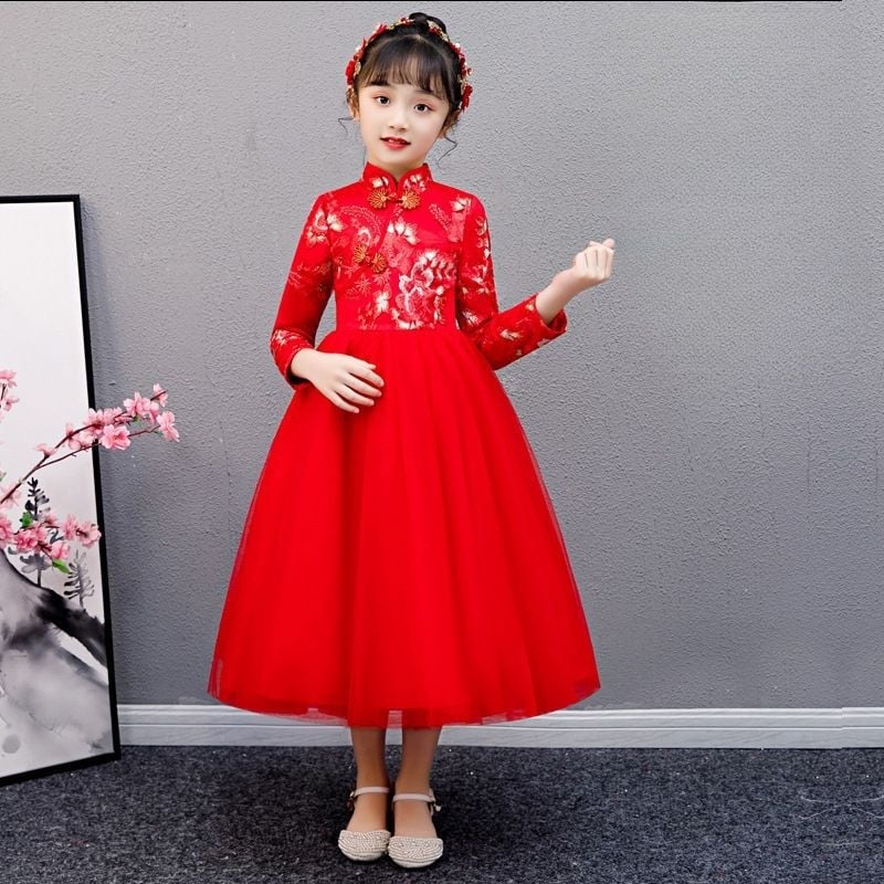Детска рокля в китайски стил Cheongsam-inspired, дантела, дълги ръкави, едно парче с А-линия, 100% полиестер, за деца над 8 години