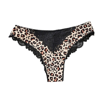 Дантелени дамски бикини с леопардово флорално оформление, дишащи и с висока еластичност; основна материя: нейлон; подплата: памук; кройка: средно висока талия