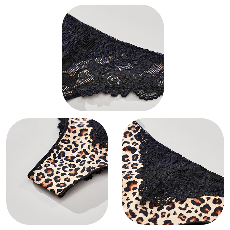 Дантелени дамски бикини с леопардово флорално оформление, дишащи и с висока еластичност; основна материя: нейлон; подплата: памук; кройка: средно висока талия