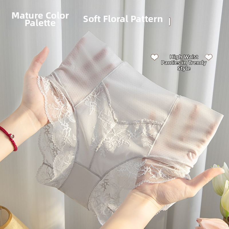 Дамски дантелени бикини с висока талия за стягане на корема — леки, еластични, дишащи, полупрозрачни; основна материя: нейлон; чатална подплата: мулберри коприна