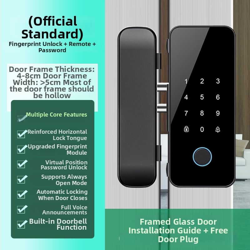 Стъклена врата: ключалка за пръстов отпечатък и парола — офис контрол на достъпа, без рамка или с рамка, едно- или двупусково отваряне; капацитет отпечатъци 100; над 200000 отключвания; време на сканиране 0.02 s