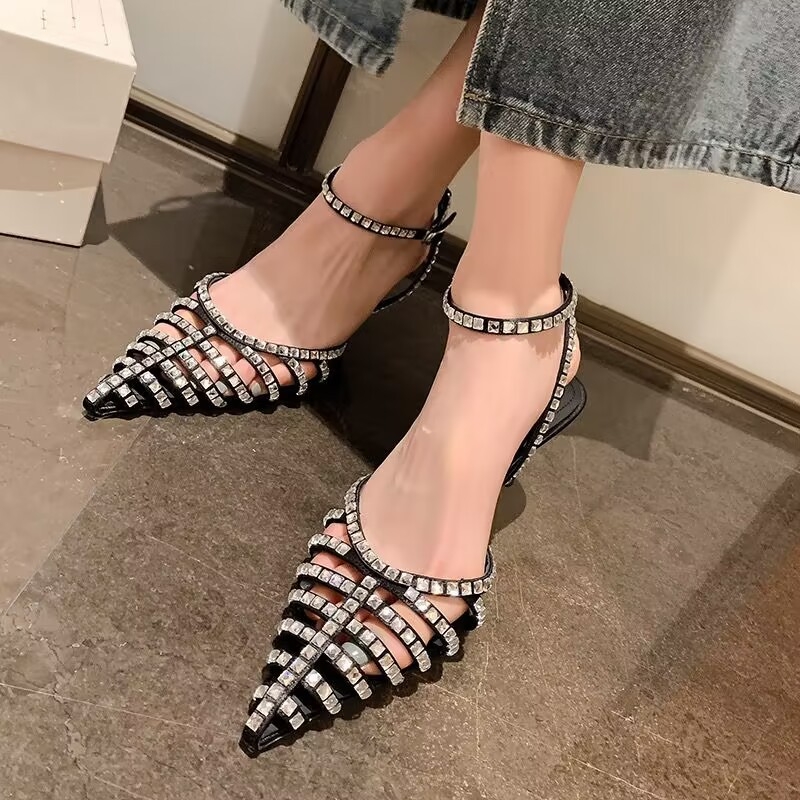 Sandale s kaišem za gležanj, oštar vrh, klinasti potpetica 3-6 cm, PU gornji dio, gumeni potplat, francuski stil