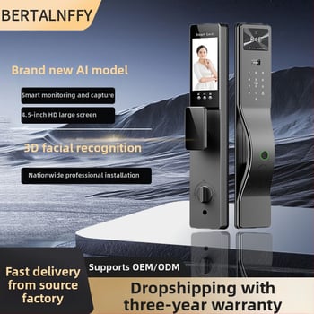 Умна брава с разпознаване по отпечатък и палмови вени, безконтактно автоматично заключване и достъп с парола за домашна охрана — съхранява до 100 отпечатъка, отключване за 0,5 s, работна температура -25 до 55 °C.