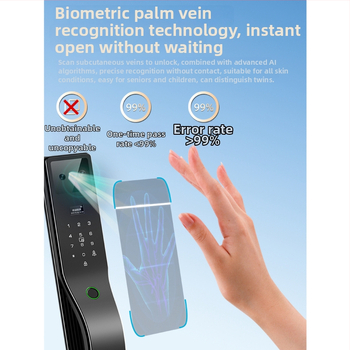 Умна брава с разпознаване по отпечатък и палмови вени, безконтактно автоматично заключване и достъп с парола за домашна охрана — съхранява до 100 отпечатъка, отключване за 0,5 s, работна температура -25 до 55 °C.