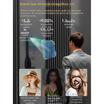 Умна брава с разпознаване по отпечатък и палмови вени, безконтактно автоматично заключване и достъп с парола за домашна охрана — съхранява до 100 отпечатъка, отключване за 0,5 s, работна температура -25 до 55 °C.