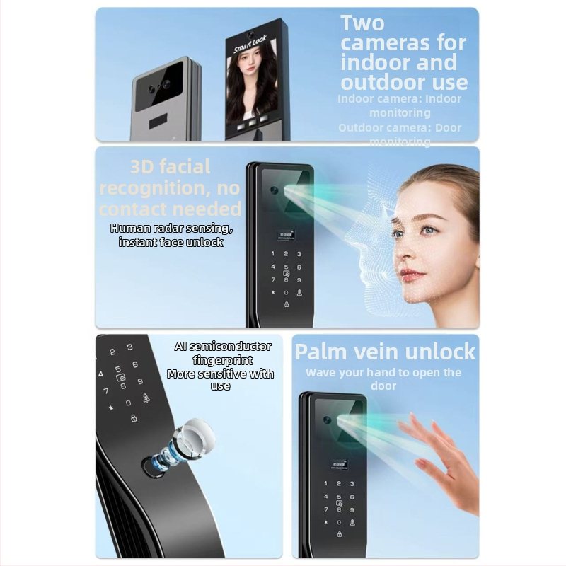 Умна брава с разпознаване по отпечатък и палмови вени, безконтактно автоматично заключване и достъп с парола за домашна охрана — съхранява до 100 отпечатъка, отключване за 0,5 s, работна температура -25 до 55 °C.