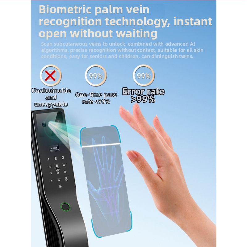 Умна брава с разпознаване по отпечатък и палмови вени, безконтактно автоматично заключване и достъп с парола за домашна охрана — съхранява до 100 отпечатъка, отключване за 0,5 s, работна температура -25 до 55 °C.