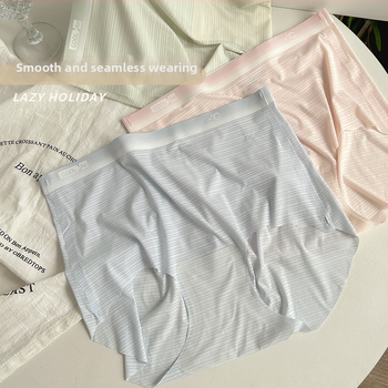 Айс коприна дамски бикини, японски стил, средна талия, подплата от Mulberry коприна, дишащи, антибактериални, без следи, повдигащи ханша, райета
