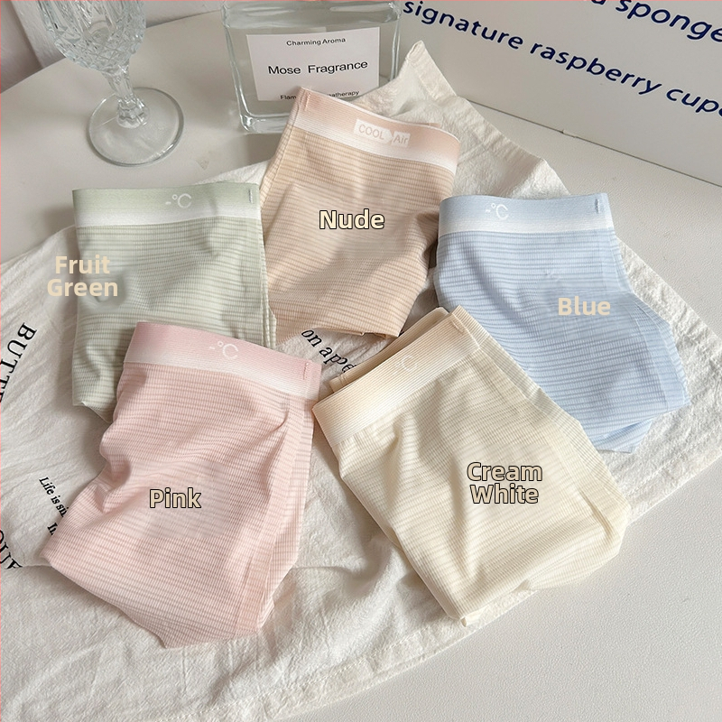 Айс коприна дамски бикини, японски стил, средна талия, подплата от Mulberry коприна, дишащи, антибактериални, без следи, повдигащи ханша, райета