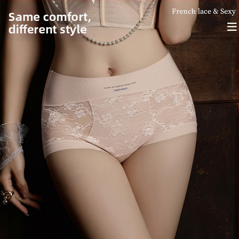 Дамски бикини с висока талия от дантела, дишаща памучна подплата, средна талия, флорален принт, памучна смесена материя (30–50% памук)