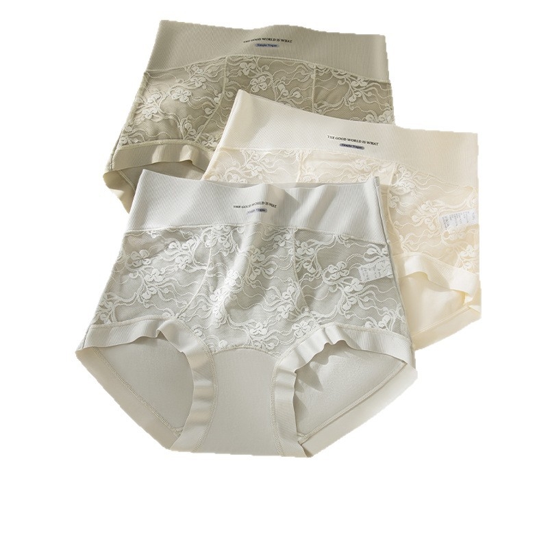 Дамски бикини с висока талия от дантела, дишаща памучна подплата, средна талия, флорален принт, памучна смесена материя (30–50% памук)