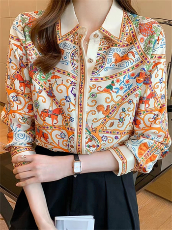 Дамска принтирана риза-кардиган - дълги ръкави, абстрактен принт, свободен силует, средна дължина