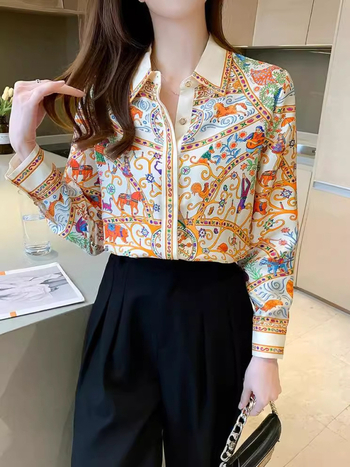 Дамска принтирана риза-кардиган - дълги ръкави, абстрактен принт, свободен силует, средна дължина