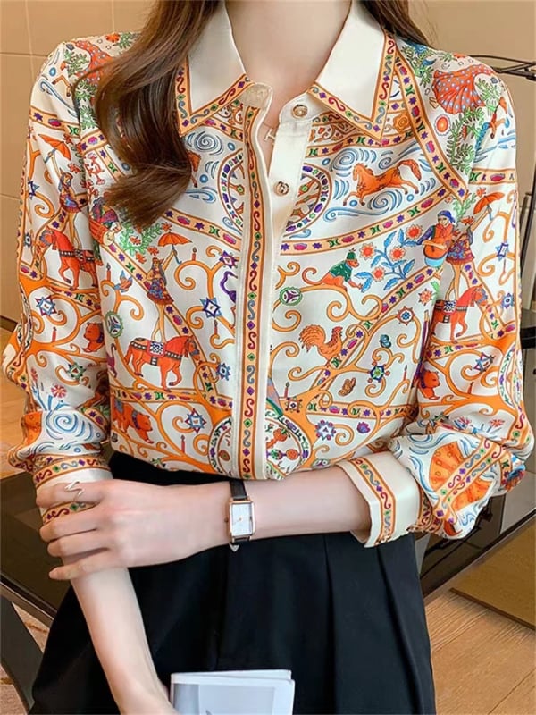 Дамска принтирана риза-кардиган - дълги ръкави, абстрактен принт, свободен силует, средна дължина