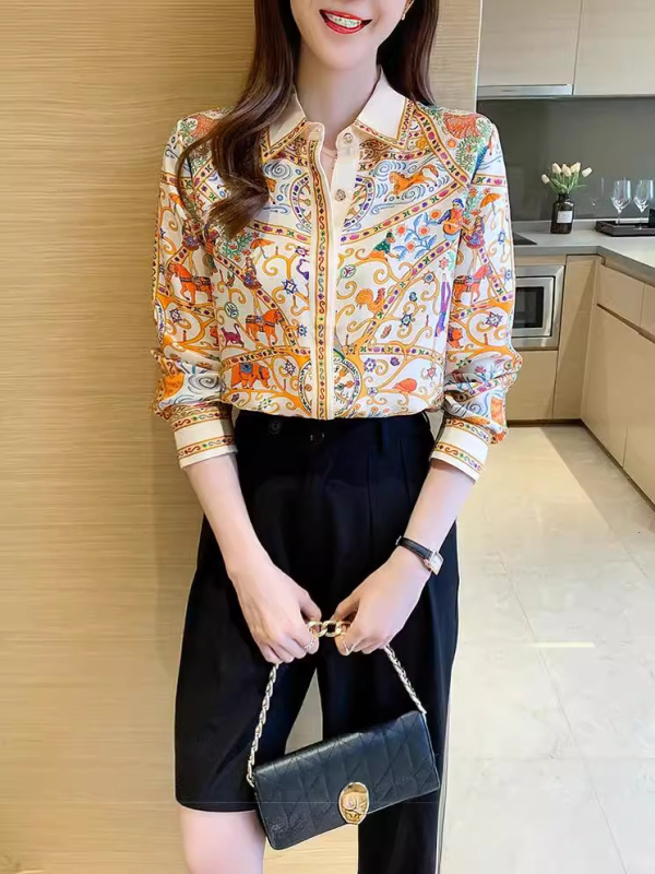 Дамска принтирана риза-кардиган - дълги ръкави, абстрактен принт, свободен силует, средна дължина