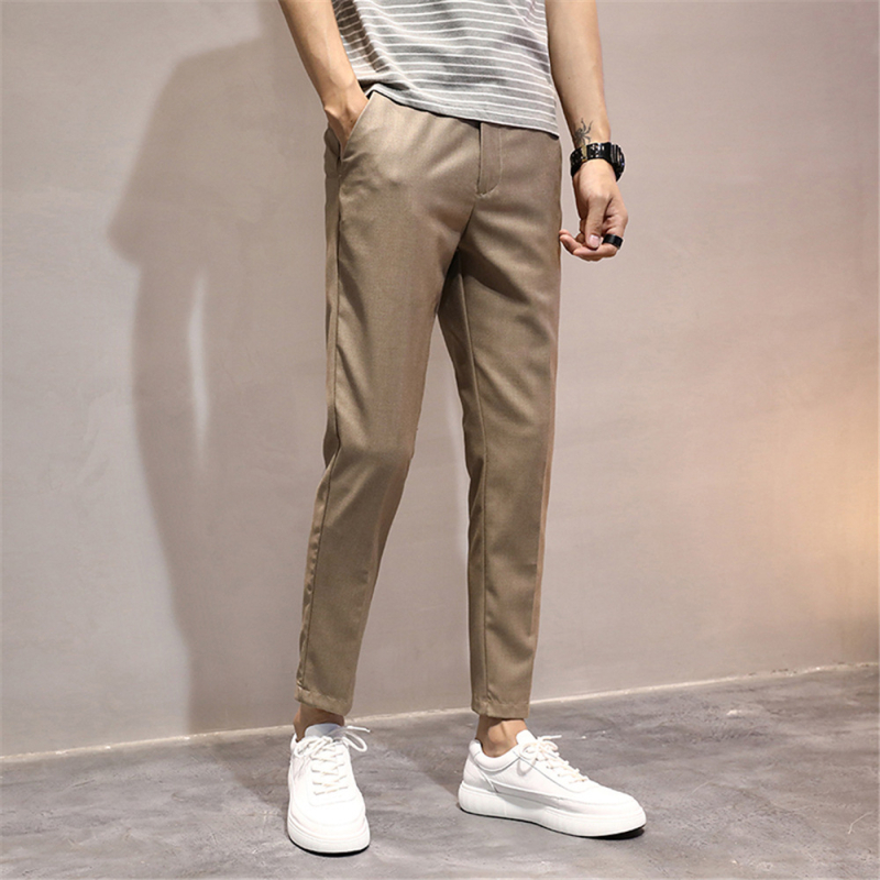 Muške casual hlače u korejskom stilu, slim-fit, skraćena duljina, srednji pojas, poliester-elastan smjesa