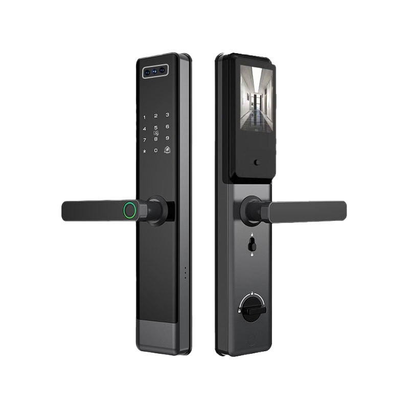 Încuietoare inteligentă pentru ușă cu recunoaștere facială 3D, acces prin amprentă și parolă, deblocare WiFi de la distanță, mâner semi-automat