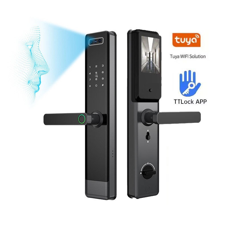 Încuietoare inteligentă pentru ușă cu recunoaștere facială 3D, acces prin amprentă și parolă, deblocare WiFi de la distanță, mâner semi-automat