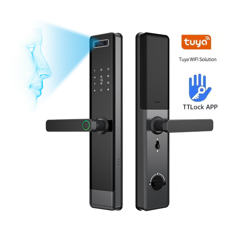 Încuietoare inteligentă pentru ușă cu recunoaștere facială 3D, acces prin amprentă și parolă, deblocare WiFi de la distanță, mâner semi-automat