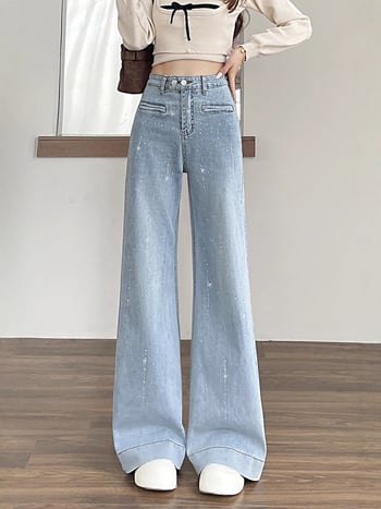 Дънкови дънки с висока талия и широки крачоли, разкроен силует, rhinestone hotfix детайли (Denim cotton; High waist; Wide-leg; Flared; Rhinestone hotfix)