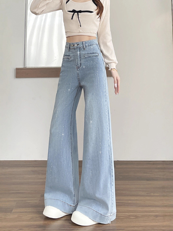 Дънкови дънки с висока талия и широки крачоли, разкроен силует, rhinestone hotfix детайли (Denim cotton; High waist; Wide-leg; Flared; Rhinestone hotfix)