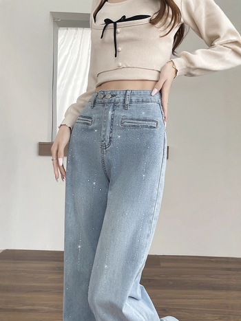 Дънкови дънки с висока талия и широки крачоли, разкроен силует, rhinestone hotfix детайли (Denim cotton; High waist; Wide-leg; Flared; Rhinestone hotfix)