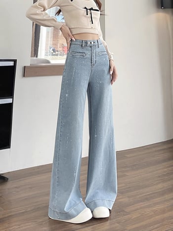 Дънкови дънки с висока талия и широки крачоли, разкроен силует, rhinestone hotfix детайли (Denim cotton; High waist; Wide-leg; Flared; Rhinestone hotfix)