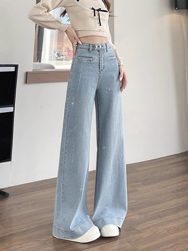 Дънкови дънки с висока талия и широки крачоли, разкроен силует, rhinestone hotfix детайли (Denim cotton; High waist; Wide-leg; Flared; Rhinestone hotfix)