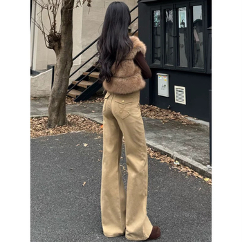 Дънки с висока талия, деним памук, разкроени крачоли, плътна материя