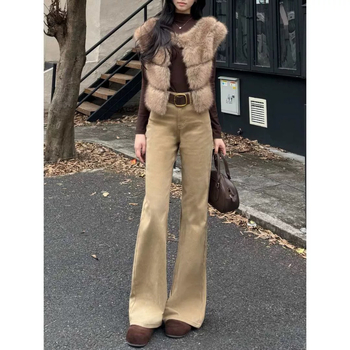 Дънки с висока талия, деним памук, разкроени крачоли, плътна материя