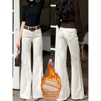 Дънки с висока талия, деним памук, разкроени крачоли, плътна материя