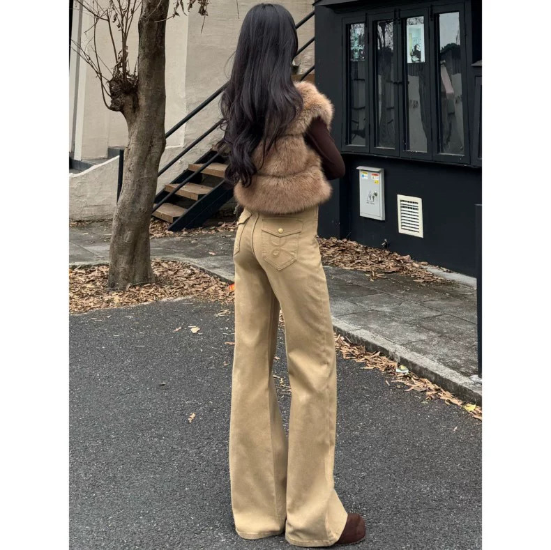 Дънки с висока талия, деним памук, разкроени крачоли, плътна материя