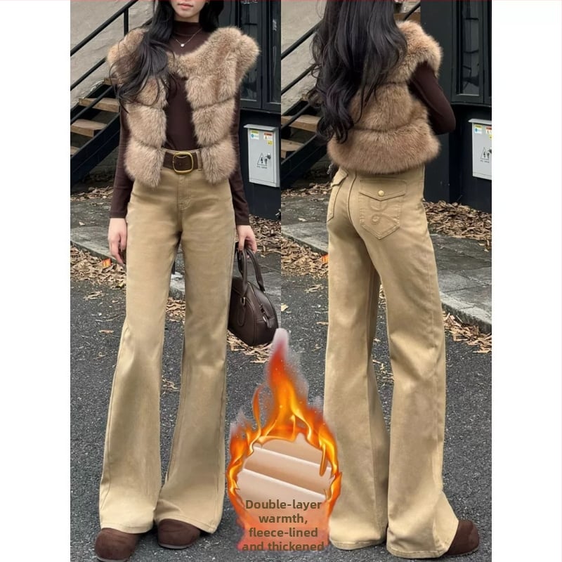 Дънки с висока талия, деним памук, разкроени крачоли, плътна материя