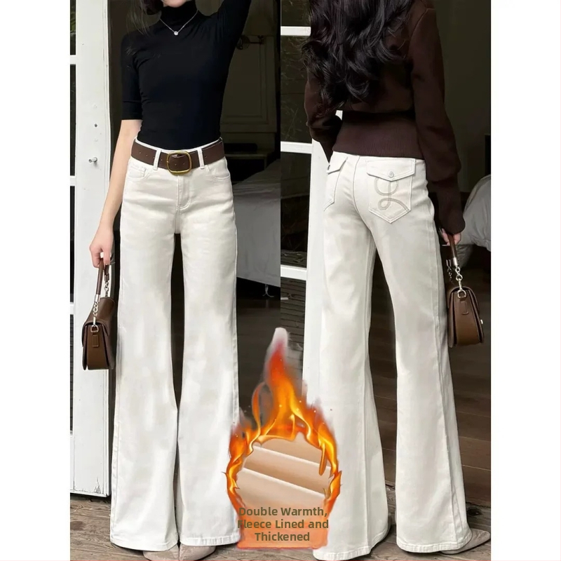 Дънки с висока талия, деним памук, разкроени крачоли, плътна материя