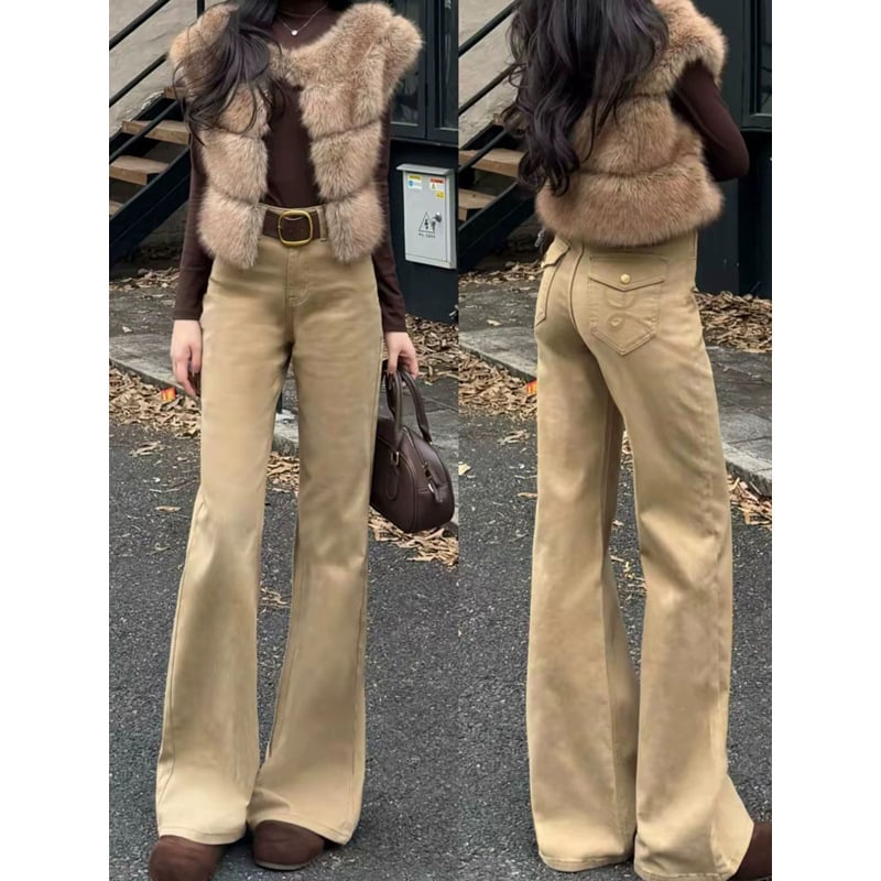 Дънки с висока талия, деним памук, разкроени крачоли, плътна материя