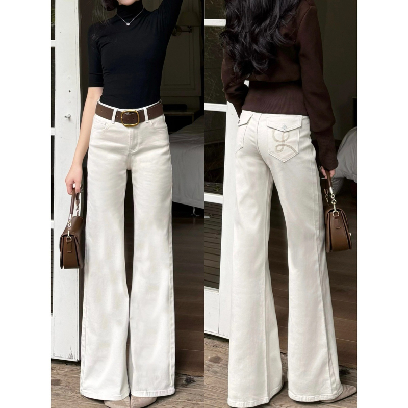 Дънки с висока талия, деним памук, разкроени крачоли, плътна материя