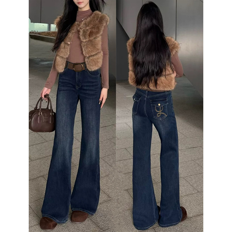 Дънки с висока талия, деним памук, разкроени крачоли, плътна материя