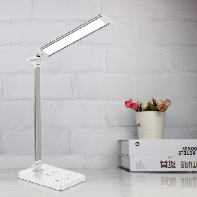 Asztali lámpa vezeték nélküli töltéssel, kettős LED fej, USB ellátás, érintéses kapcsoló, 12W