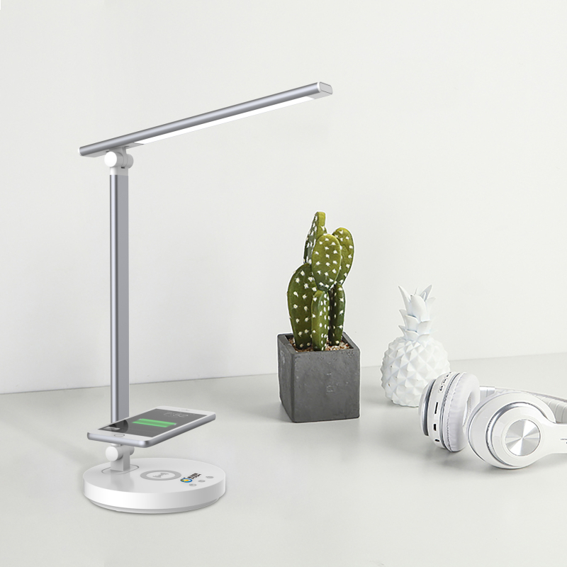 Asztali lámpa vezeték nélküli töltéssel, kettős LED fej, USB ellátás, érintéses kapcsoló, 12W